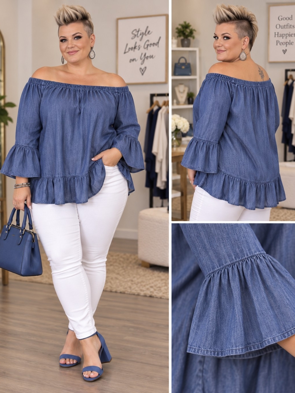 Ashley Stewart Off-Shoulder Ruffle Denim-Style Top - Blue